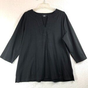 Charter Club Black 3/4 Sleeve V-Neck Blouse With Embroidered Neckline